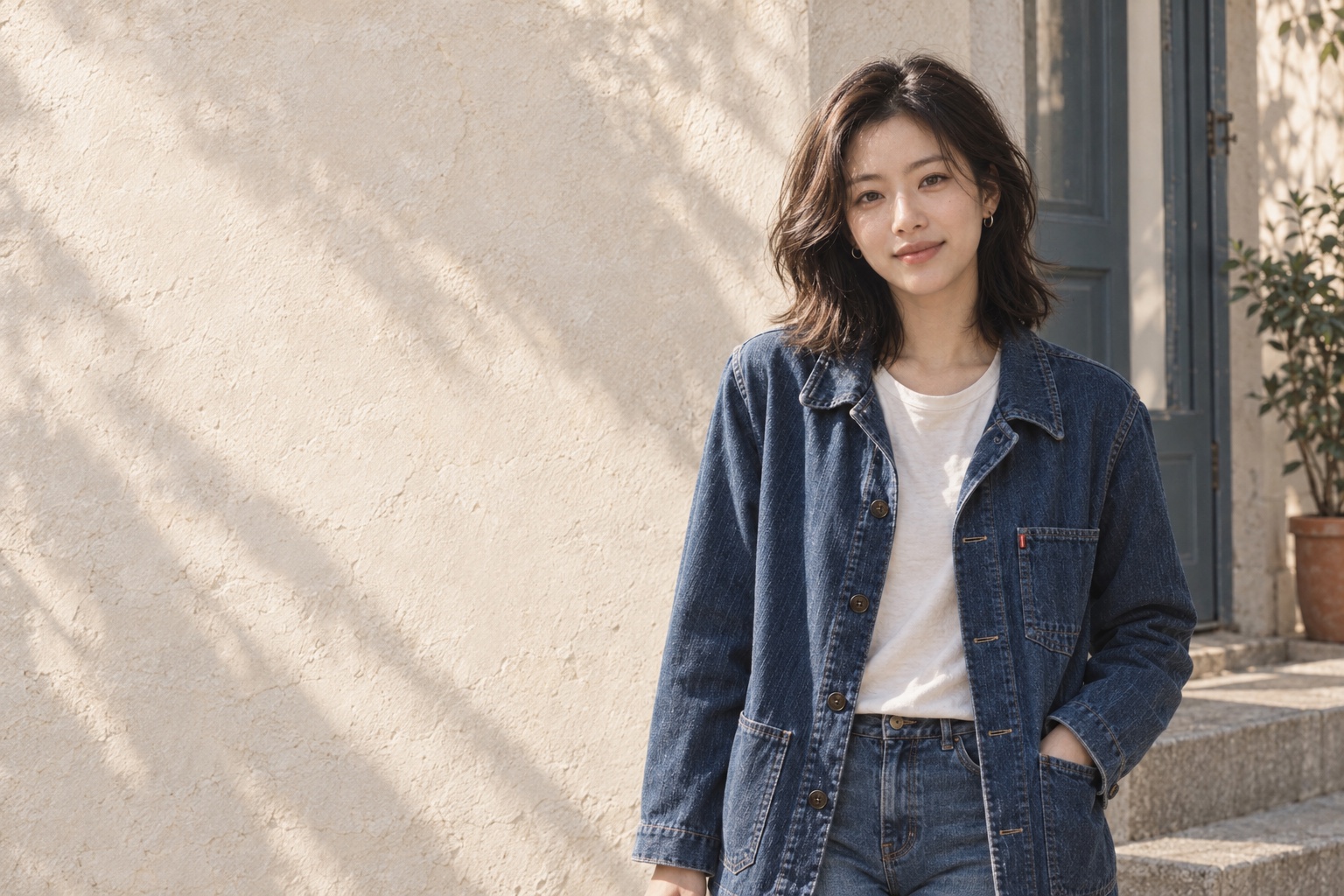 인디고 재킷을 입고 햇빛 드는 골목에 서 있는 라온서